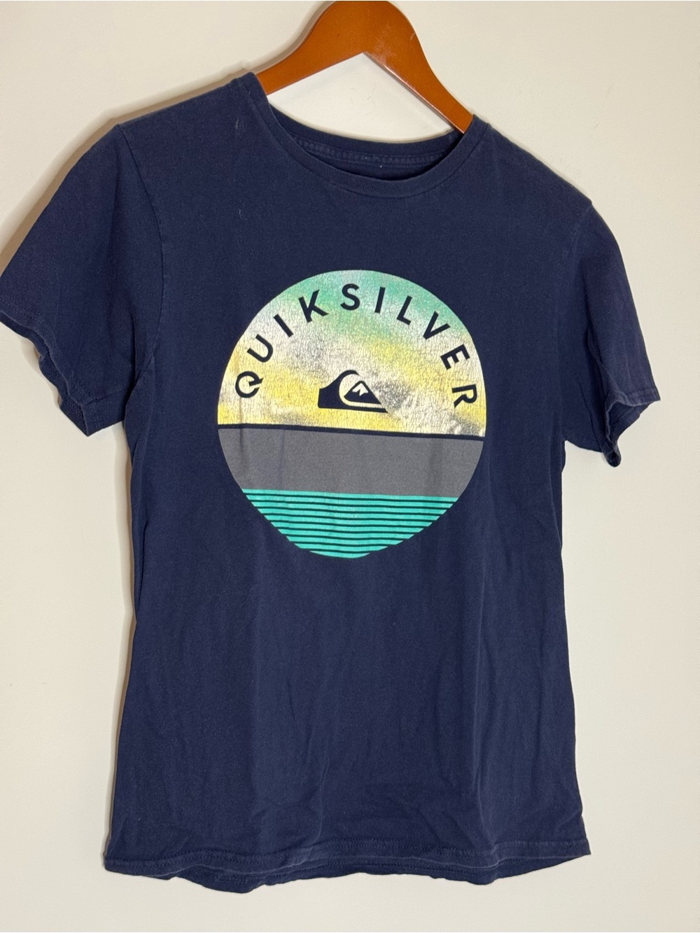 Quiksilver Navy Short-Sleeve Tee with Yellow, Green and Teal Logo